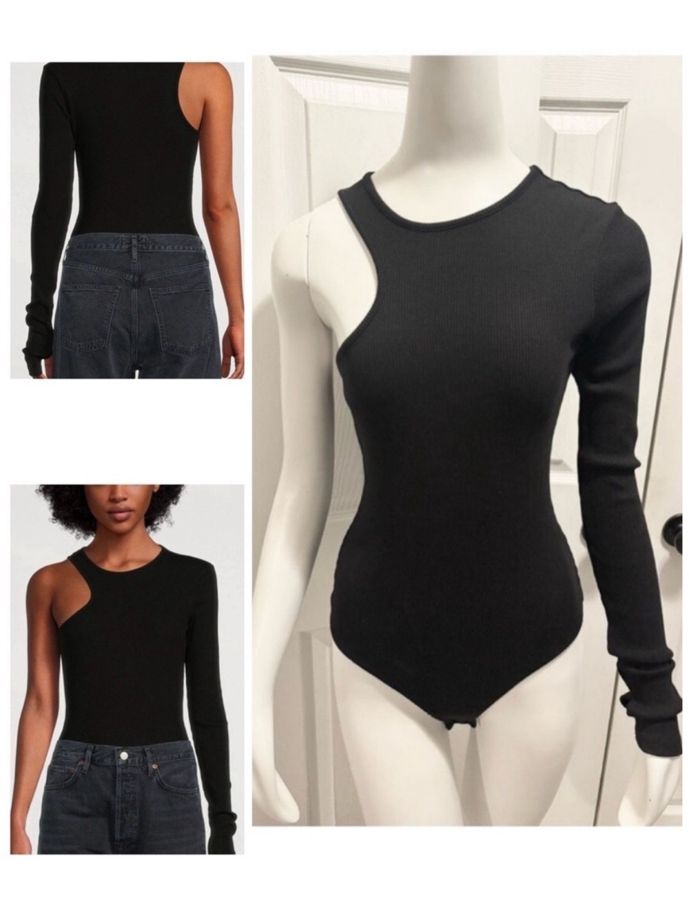 Agolde Bea Cutaway Bodysuit in Black Ribbed Long Sleeve Top Size Medium